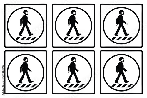 Six pedestrian crossing signs isolated on white, safe crosswalk information vector.