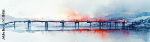 Serene Sunset Reflection Over a Tranquil Bridge in a Misty Landscape