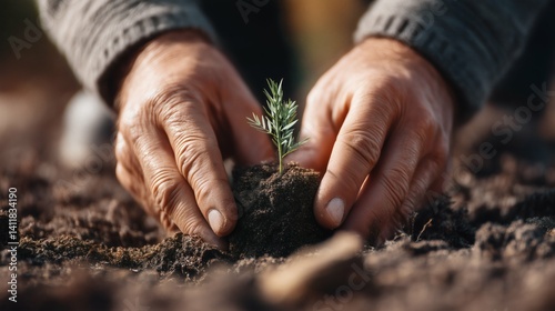 Obraz na płótnie Close-up of hands planting a tree sapling, symbolizing growth and sustainability w salonie