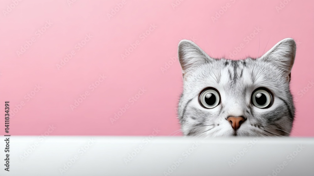 Curious cat peeks over edge with big eyes, great for playful or comical themes
