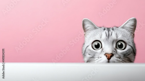 Obraz na płótnie Curious cat peeks over edge with big eyes, great for playful or comical themes w salonie