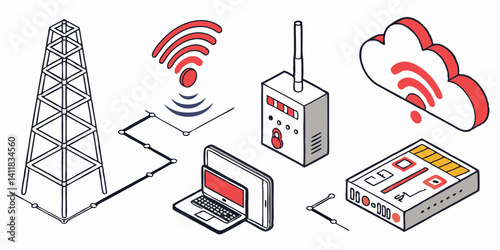 Isometric Wireless Network Technology Cloud Tower Server Illustration Art