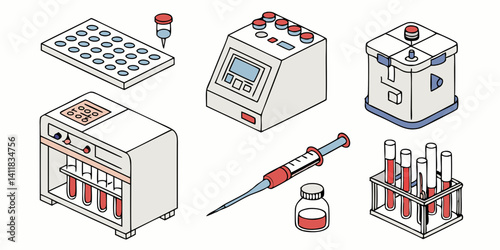 Isometric Medical Laboratory Equipment Illustration: Test Tubes, Syringe, and More