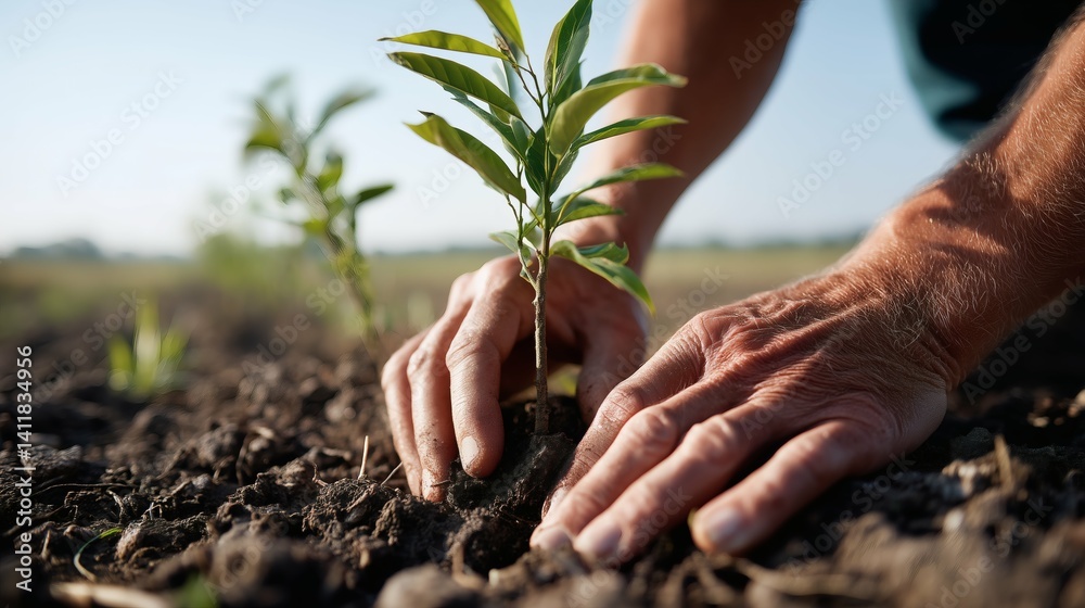 Environmentalist planting tree in field, great for reforestation awareness and ecological restoration topics
