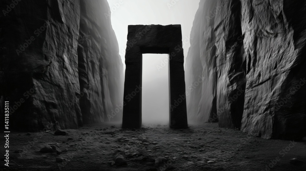Epic monolithic arch in shadowy canyon, ideal for sci-fi, fantasy or mystery themes
