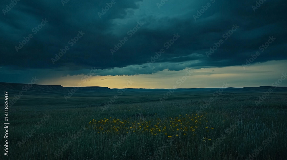 Obraz premium Storm clouds loom over the prairie, a vast sky in moody blues and greys, evoking nature's raw power and solitude.