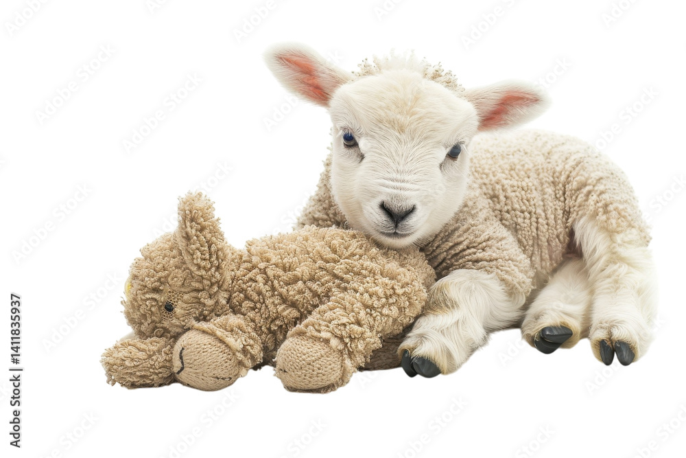Obraz premium A playful lamb snuggles with a fluffy toy bunny in a cozy indoor setting, capturing the innocence of youth and warmth of friendship isolated on transparent background