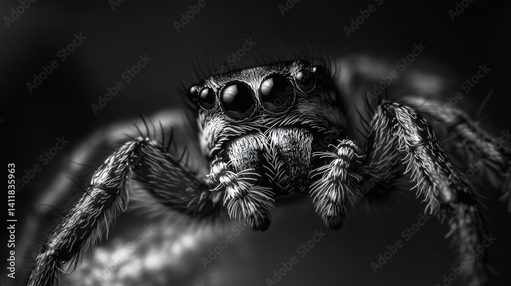 Highly detailed black and white spider macro, ideal for nature, macro, or scientific themes