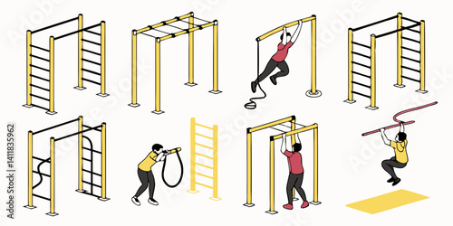 Isometric Outdoor Gym Equipment Vector Illustration Calisthenics Workout Bars Ladders Exercise People