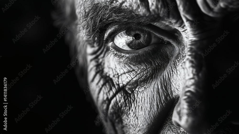 Intense black and white portrait of aged eye with detailed skin texture, perfect for emotion or age themes