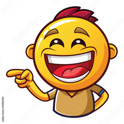 Cheerful cartoon character with a big smile and pointing