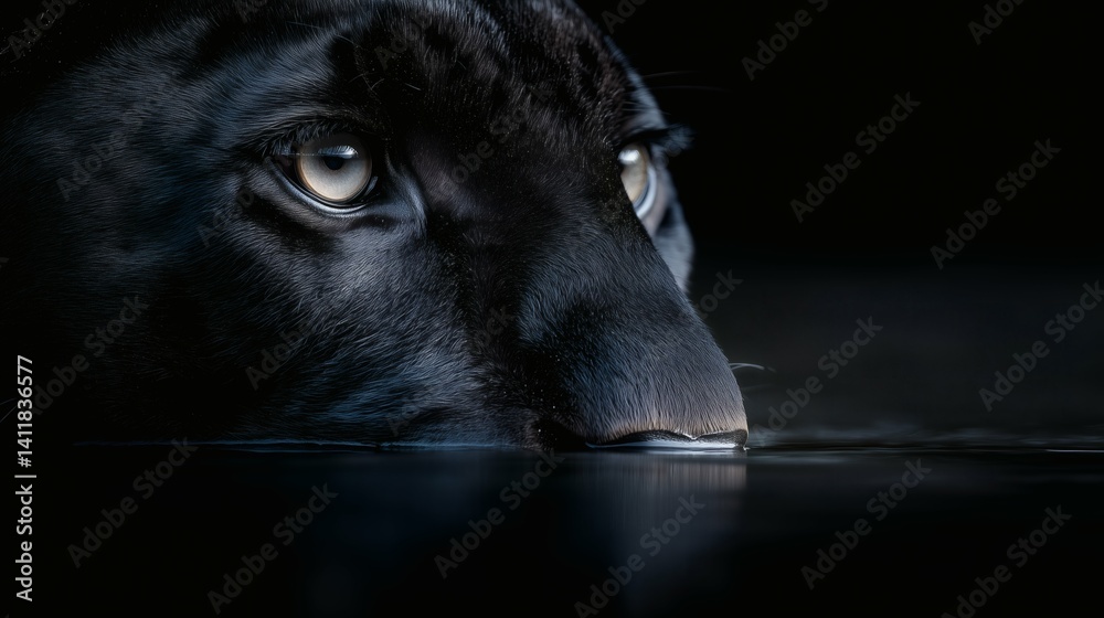 Moody animal portrait with panther in water, great for wildlife or power themes