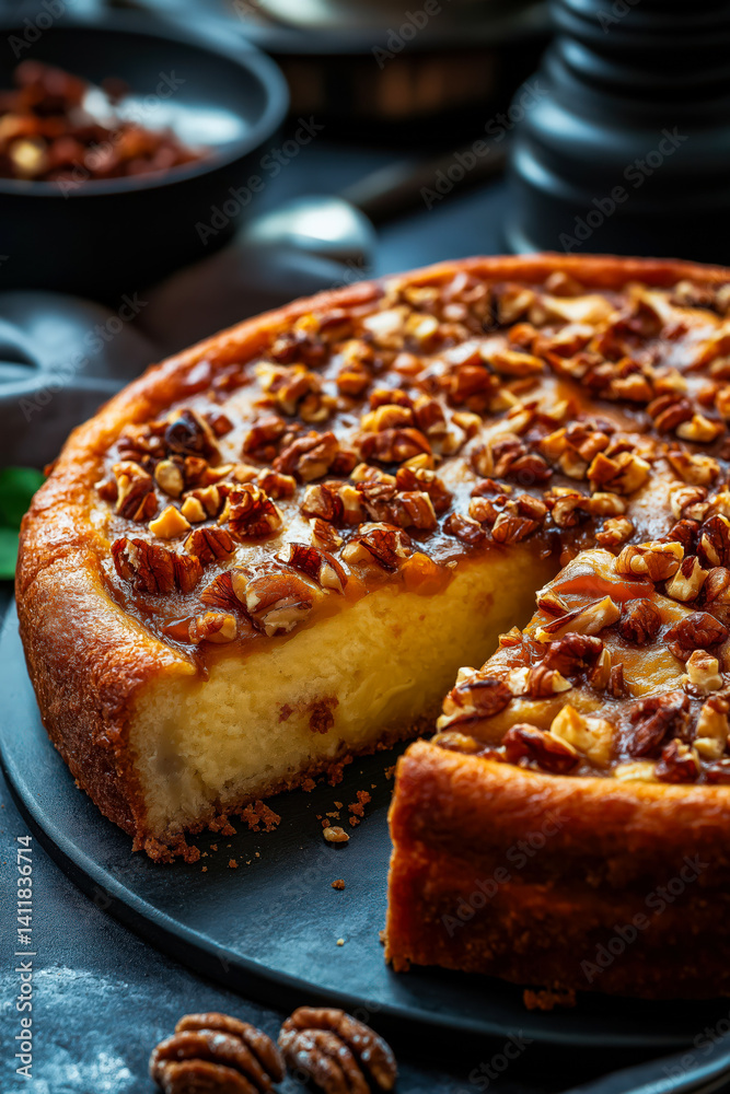 Delicious homemade cheesecake topped with crunchy pecans on a dark serving plate and a slice missing Delicious homemade cheesecake topped with crunchy pecans on a dark serving plate and a slice missing