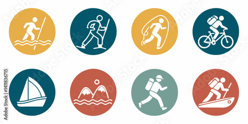Outdoor Activity Icons Vector Hiking Biking Sailing Skiing Running Wading Mountains