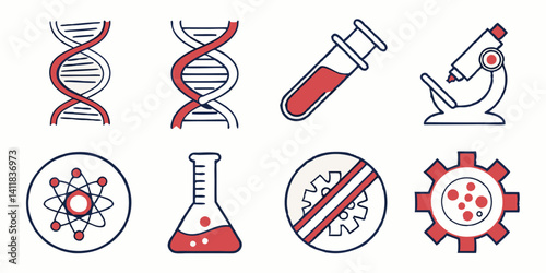 Science Medical Icons DNA Microscope Test Tube Flask Atom Virus Bacteria Flat Line Art
