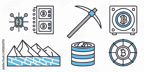 Bitcoin Mining Vector Icons Set Cryptocurrency Digital Currency Flat Line Art Style CPU Server Pickaxe Coins Mountains