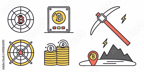 Bitcoin Mining Vector Icons - Cryptocurrency, Blockchain, Digital Money, Target, Coins, Pickaxe, Computer Flat Design