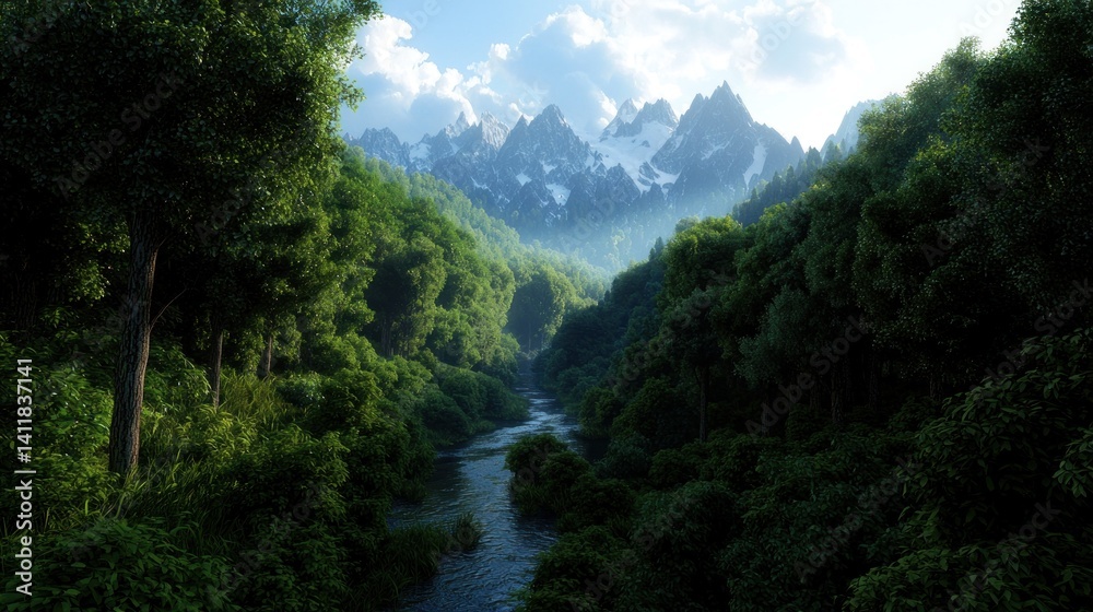 Fototapeta premium Lush forest valley with river leading to snow-capped mountains