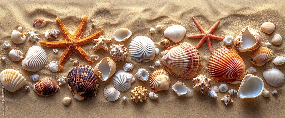 Naklejka premium Seashells Starfish on Sandy Beach.