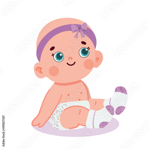 Cute baby girl wearing headband with bow, diaper and socks. Sitting or crawling pose. Perfect for Children's Day, child protection, motherhood and parenting themes. baby care concept. Vector