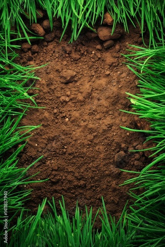 Obraz na płótnie Top view of garden soil bordered by lush green grass for nature themes w salonie
