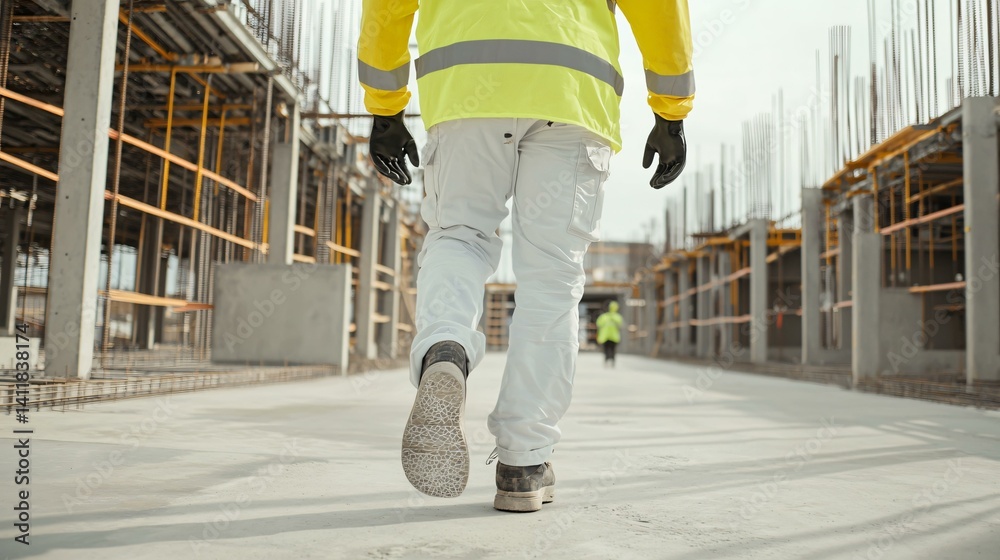 Obraz premium Walking shot from behind of person in full safety equipment moving through a construction site with rebar and concrete structures