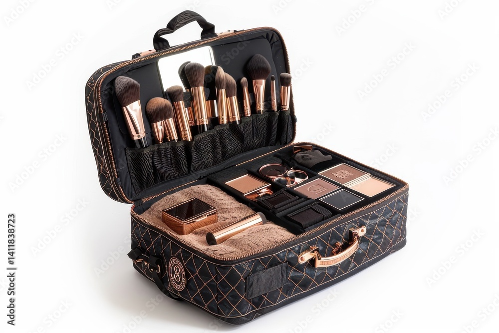 A stylish makeup case showcasing an array of brushes and cosmetics ready for a glamorous makeover session at a beauty studio isolated on transparent background A stylish makeup case showcasing an array of brushes and cosmetics ready for a glamorous makeover session at a beauty studio isolated on transparent background