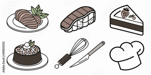 Cartoon Dessert Food Pastry Baking Cake Pastries Utensils Chef Hat Line Art