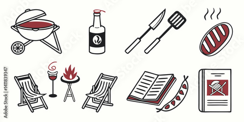 BBQ Grill Picnic Icons Set: Summer Outdoor Cooking, Food, Drinks, Grill Utensils, Chairs, Book, Sausage, Steak, Fire, No Grill Sign, Vector Icon Set