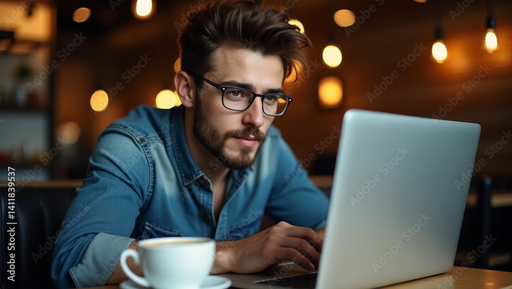 Focused Man Working on Laptop in Cafe Focused Man Working on Laptop in Cafe