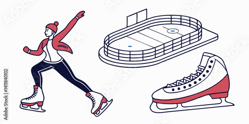Isometric Winter Ice Skating Scene Skater Rink Skates Vector Art