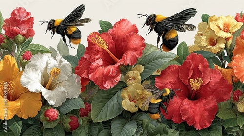 Vibrant Tropical Flowers with Bees in a Beautiful Garden Setting