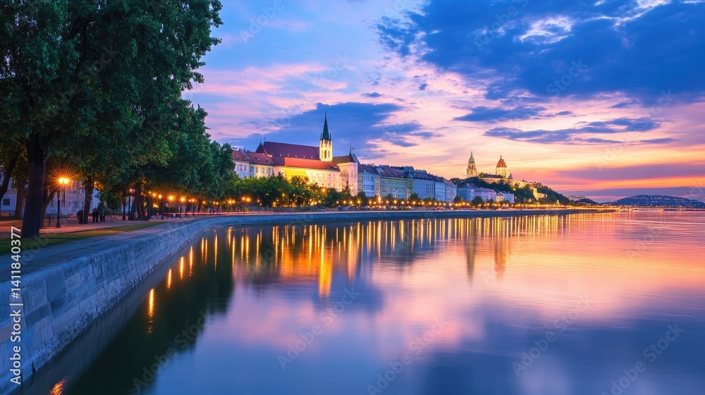Fototapeta premium Scenic Sunset View Over City River with Colorful Sky Reflections