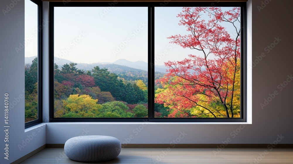 Fototapeta premium Serene Modern Interior with Large Window Showcasing Vibrant Autumn Landscape and Colorful Foliage