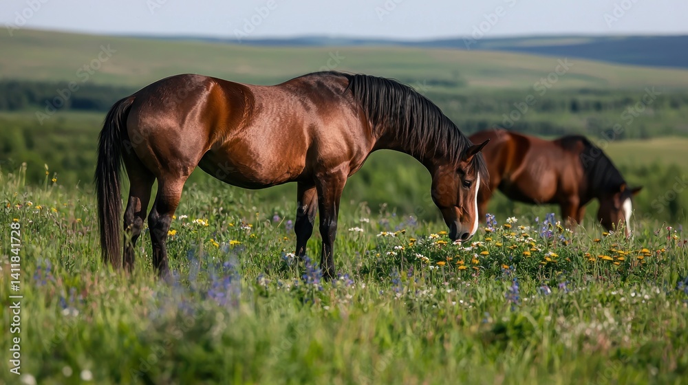 Obraz premium Brown Horses Grazing in Meadow, Hills in Background