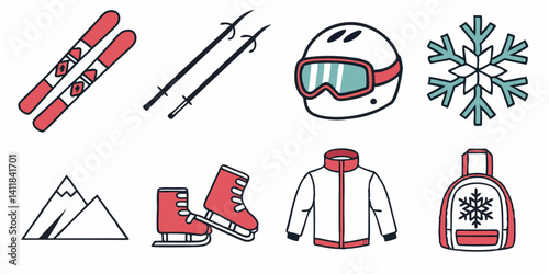 Vector Illustration Cartoon Winter Sports Gear Skis Skates Helmet Jacket Backpack Snowflake