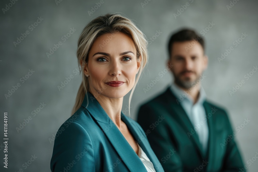 Confident businesswoman in teal suit, with a blurred male colleague in the background. Confident businesswoman in teal suit, with a blurred male colleague in the background.