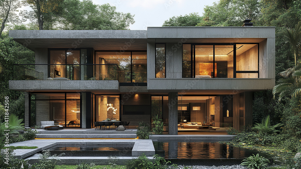Modern villa with floor to ceiling glass in lush setting