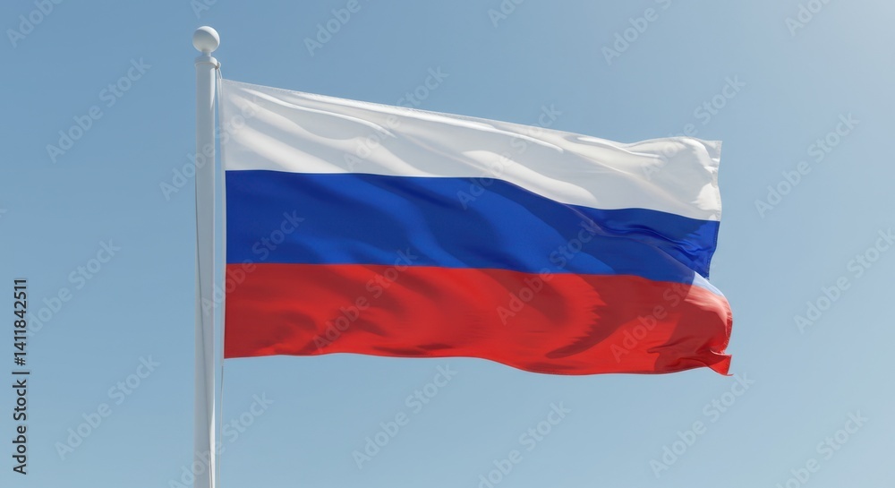 Waving Russian Federation Flag Against a Clear Blue Sky: A Symbol of National Pride and Identity Waving Russian Federation Flag Against a Clear Blue Sky: A Symbol of National Pride and Identity