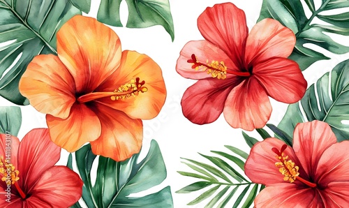 Wallpaper Mural Vibrant hibiscus flowers, in shades of orange and red, bloom amidst lush green leaves in this enchanting floral arrangement. The image is a captivating celebration of nature's exquisite beauty. Torontodigital.ca