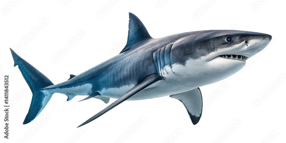 Fototapeta premium Great White Shark Realistic 3D Render, Isolated on Transparent Background, Aquatic Predator, Great White Shark, Marine Life, Ocean Animal