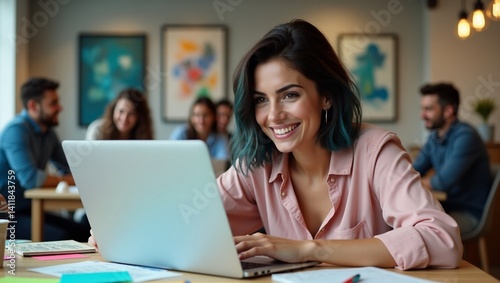 Wallpaper Mural Smiling Woman Working on Laptop in Modern Office Torontodigital.ca