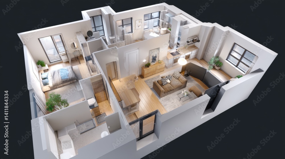 3d interior rendering perspective view of furnished home apartment: room, bathroom, bedroom, kitchen, living-room, hall, entrance, door, window,