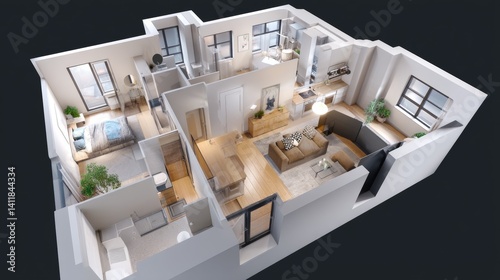 Obraz na płótnie 3d interior rendering perspective view of furnished home apartment: room, bathroom, bedroom, kitchen, living-room, hall, entrance, door, window, w salonie