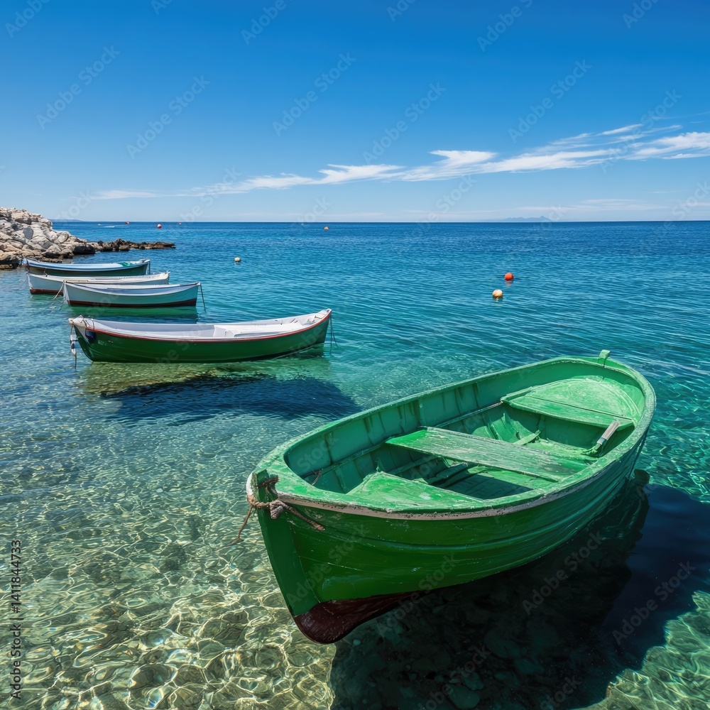 Naklejka premium A serene coastal scene featuring green boats resting on the shore, evoking feelings of peace and leisure by the sea