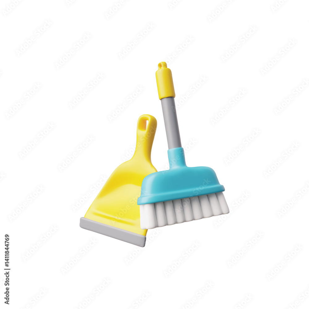 3d vector set of cleaning accessories with plastic dustpan and brush.