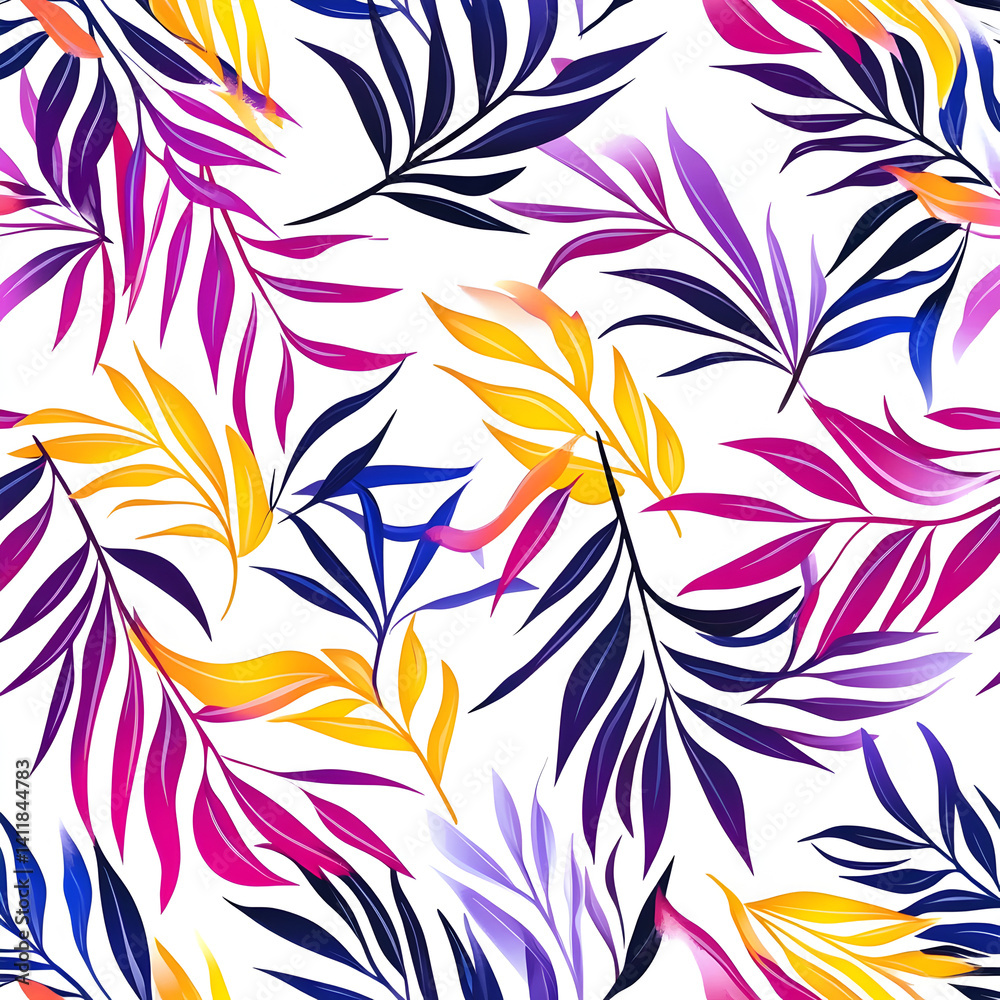 Tropical Foliage Delight: A vibrant pattern of vividly colored tropical leaves bursts with life, displaying a symphony of hues in a captivating display of botanical beauty. Tropical Foliage Delight: A vibrant pattern of vividly colored tropical leaves bursts with life, displaying a symphony of hues in a captivating display of botanical beauty.