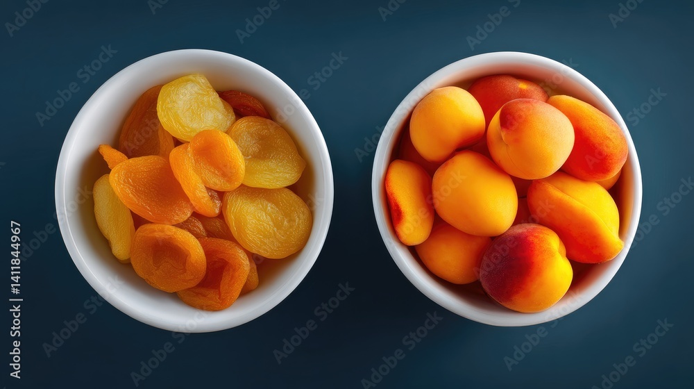 Photograph of two white bowls, one with dried apricots and one with apricots, standing next to each other on an isolated dark blue background
Photograph of two white bowls, one with dried apricots and one with apricots, standing next to each other on an isolated dark blue background
