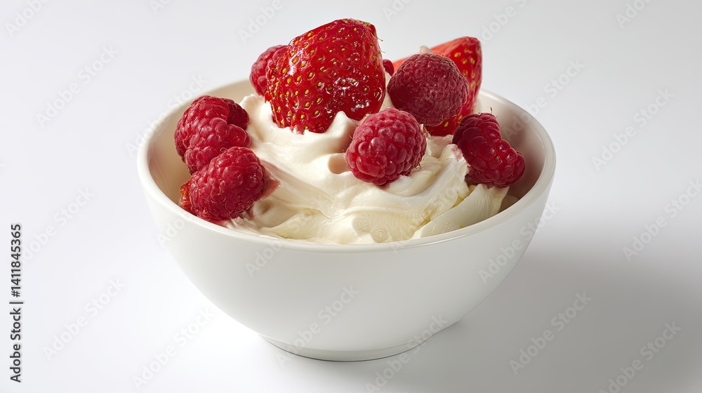 White background, close-up of a bowl with soft cream and fresh strawberries on top, a few raspberries beside the bowl White background, close-up of a bowl with soft cream and fresh strawberries on top, a few raspberries beside the bowl