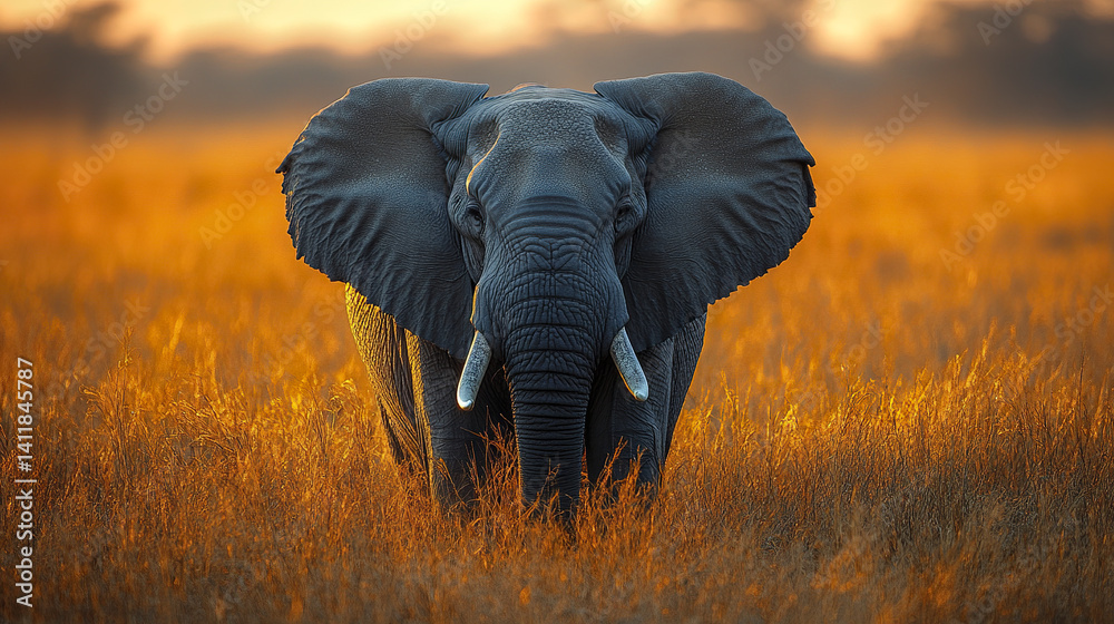 Obraz premium Elephant standing in golden grass at sunset, creating majestic scene